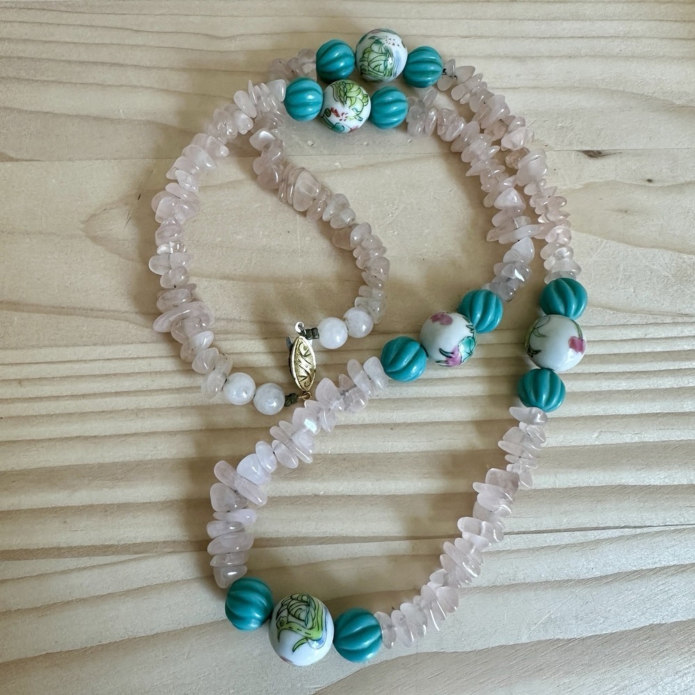 VTG‎ Asian Necklace 26 Inch Porcelain Carved Turquoise Beads Rose Quartz Chips
